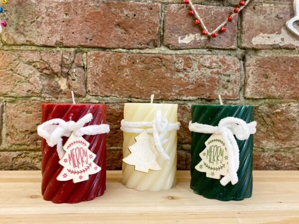 Three Twist Pillar Candles, Green, Cream & Red - Image 2